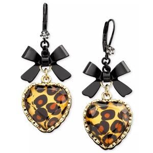 New Betsy Johnson Leopard Heart Drop Earrings with Black Bows Crystal